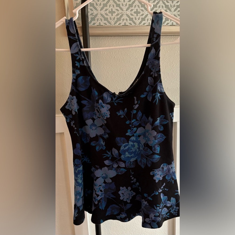 Express Black Blue Floral Zip Front Peplum Tank Top Size Small